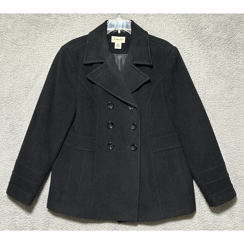 St Johns Bay‎ Jacket Womens L Black Wool Cashmere Double Breasted Pea Coat Warm